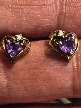 Vintage Rose Gold Over Sterling Amethyst And Diamond Heart Stud Earrings Signed